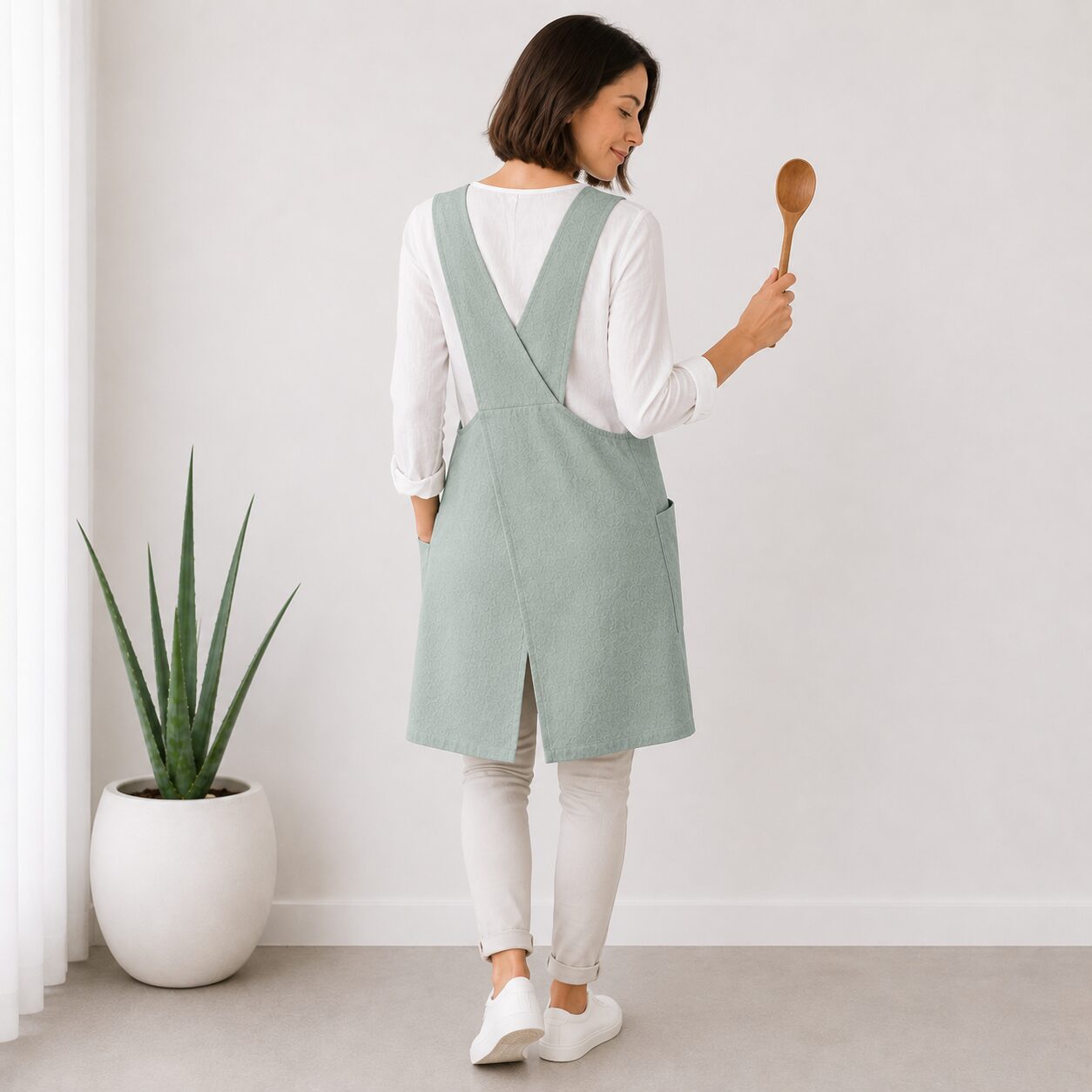 Cross Back Linen Apron Made in South Africa Sage green colour
