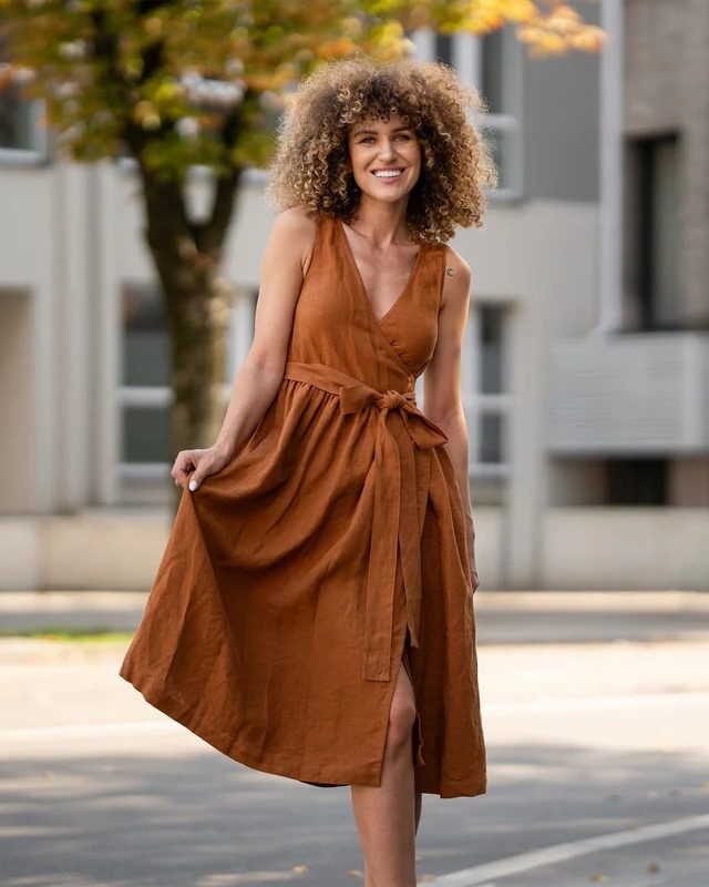 Linen sleeveless wrap dress