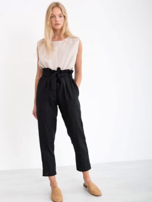 Linen Paperbag Pants With Elastic Waist