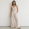Square neck linen top with Wide Leg Pull on pants in Oatmeal Made In South Africa