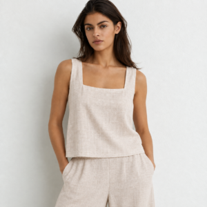 Square neck linen top with Wide Leg Pull on pants in Oatmeal Made In South Africa