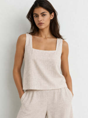 Square neck linen top with Wide Leg Pull on pants in Oatmeal Made In South Africa