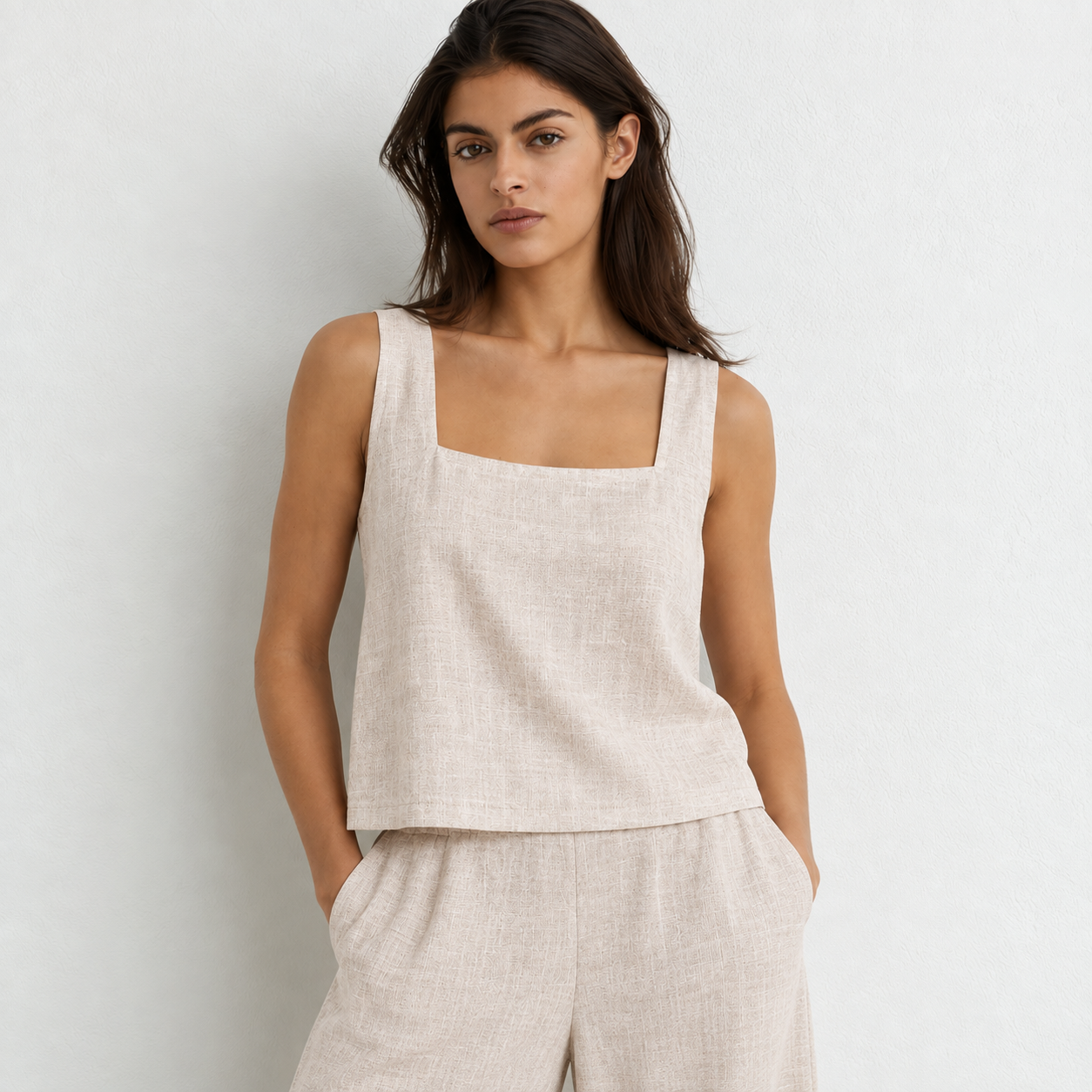 Square neck linen top with Wide Leg Pull on pants in Oatmeal Made In South Africa