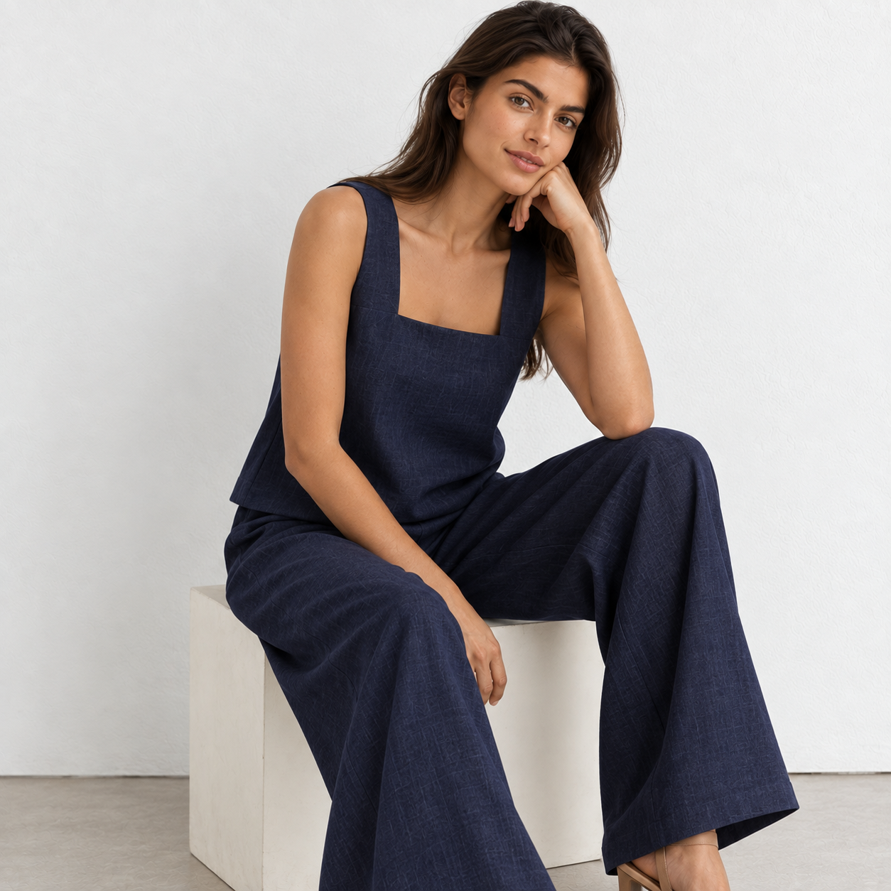 Square neck linen top with Navy wide leg elastic band pants in Made In South Africa