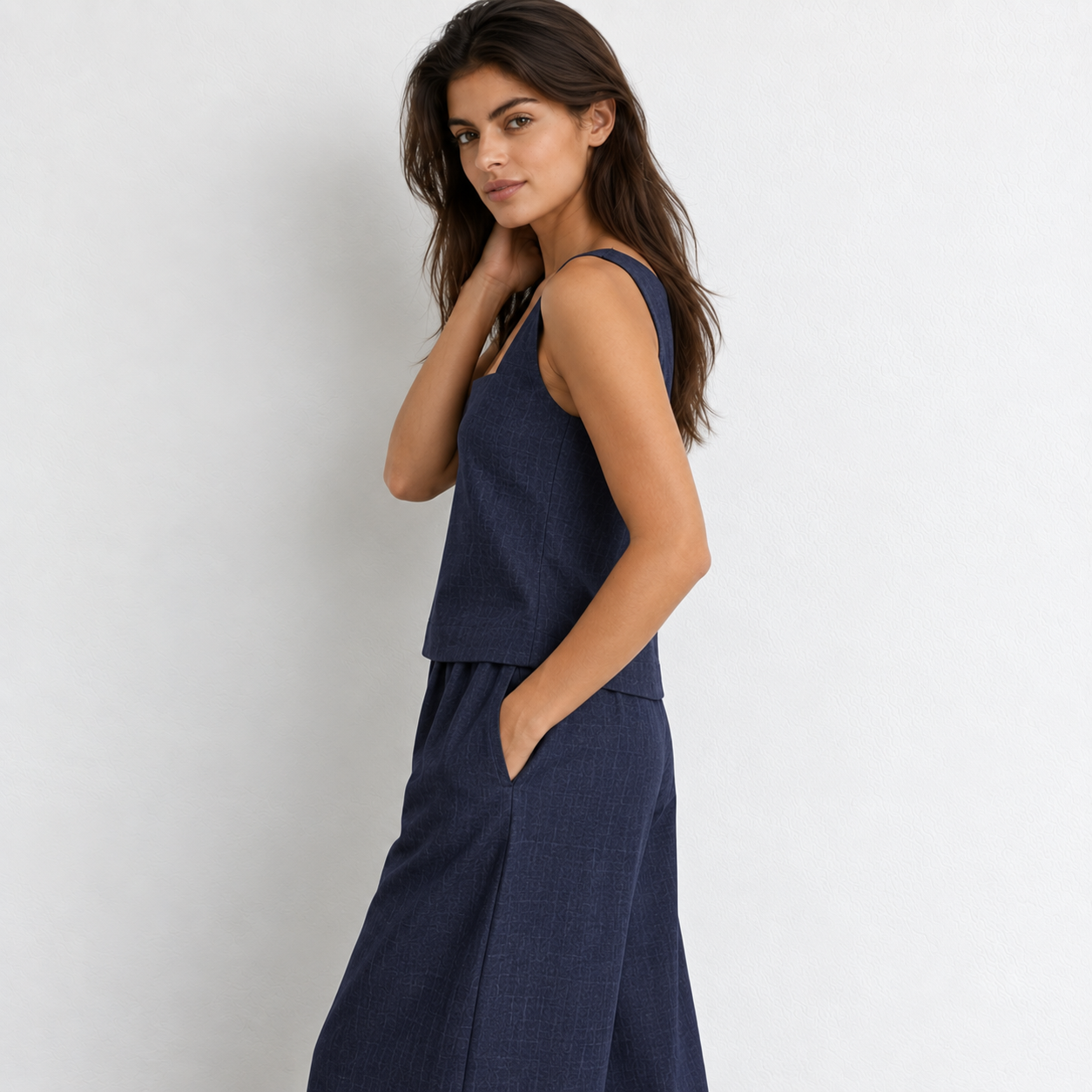 Square neck linen top with Navy wide leg elastic band pants in Made In South Africa