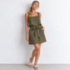 Square neck linen top with paper bag skirt mini in Olive Green Made In South Africa