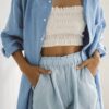 Linen Paper-bag Shorts With Elastic Waist Blue