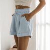 Linen Paper-bag Shorts With Elastic Waist Blue