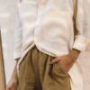 Linen Paper-bag Shorts With Elastic Waist Olive