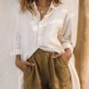 Linen Paper-bag Shorts With Elastic Waist Olive