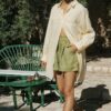 Linen Paper-bag Shorts With Elastic Waist green