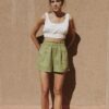 Linen Paper-bag Shorts With Elastic Waist green
