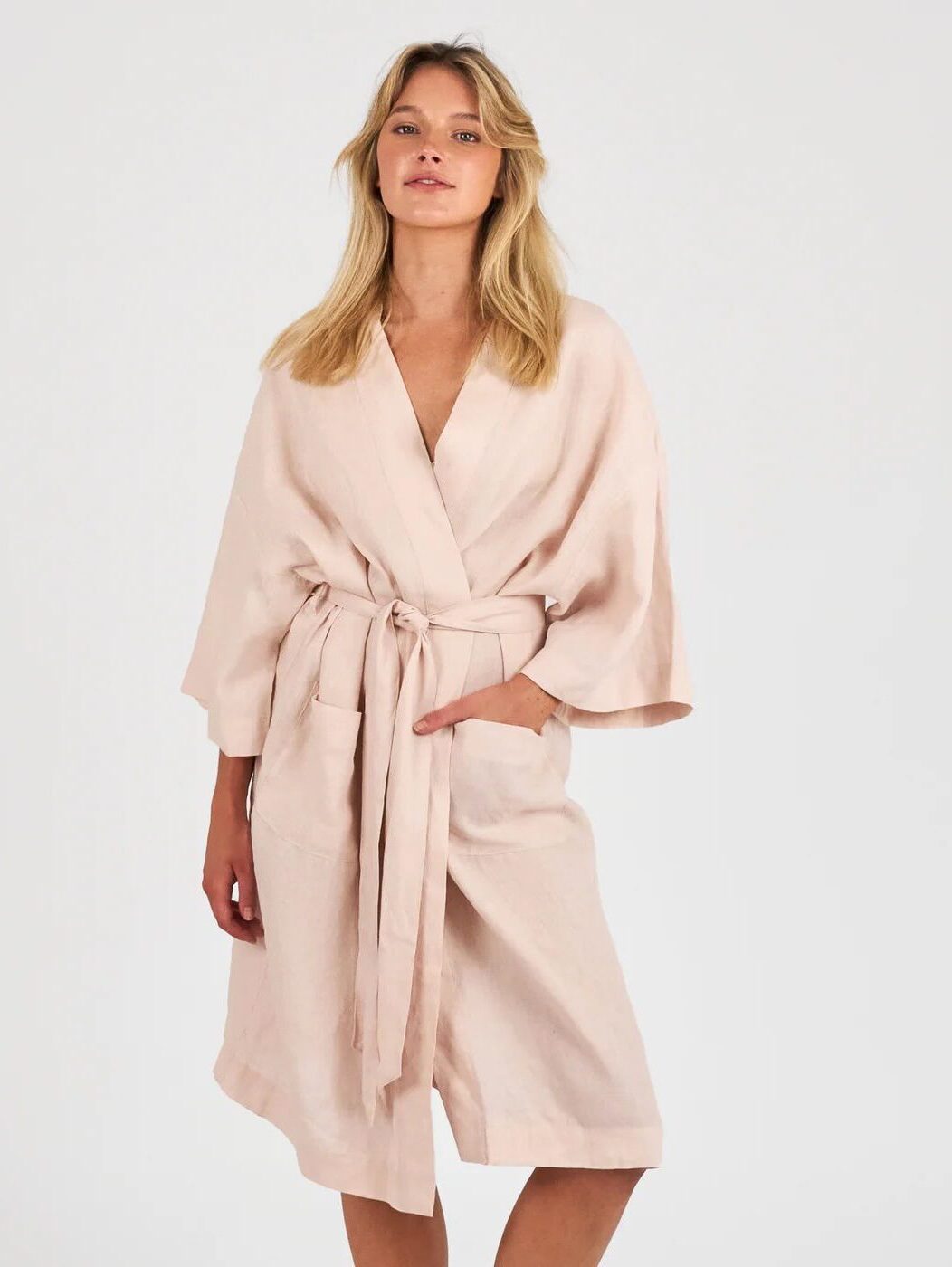 Unisex linen Kimono Robe light pink