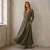 Linen Wrap dress olive green long sleeve pockets South Africa