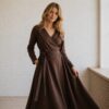 Linen Wrap dress Chocolate Brown long sleeve pockets South Africa