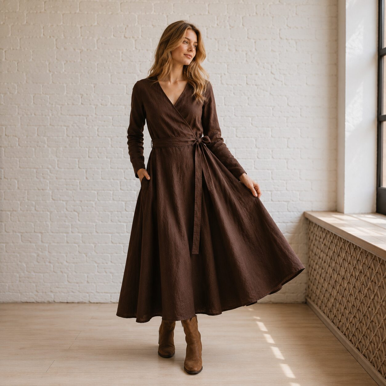 Linen Wrap dress Chocolate Brown long sleeve pockets South Africa