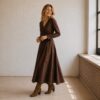 Linen Wrap dress Chocolate Brown long sleeve pockets South Africa