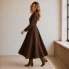 Linen Wrap dress Chocolate Brown long sleeve pockets South Africa