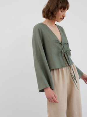 V Neck Front Tie linen top with flare sleeves green