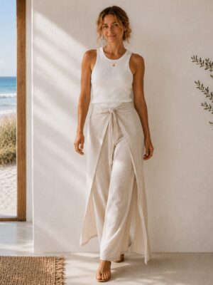Convertible Pants to Jumpsuit Wrap Pants for all sizes and tall options in oatmeal linen made in South Africa