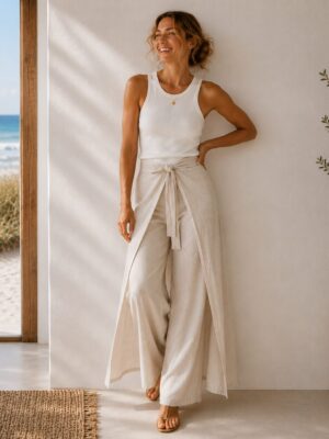 Convertible Pants to Jumpsuit Wrap Pants for all sizes and tall options in oatmeal linen made in South Africa