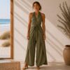 Convertible Pants to Jumpsuit Wrap Pants for all sizes and tall options in olive green linen made in South Africa