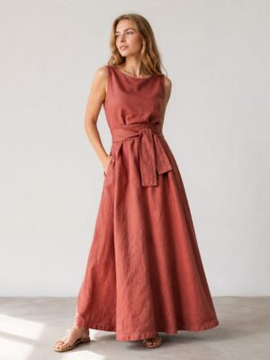 Front and back tie around maxi dress all sizes tall linen ginger brick colour