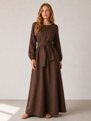 Front and back tie around maxi dress all sizes tall linen in chocolate brown with long sleeve