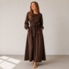 Front and back tie around maxi dress with sleeves all sizes tall linen brown