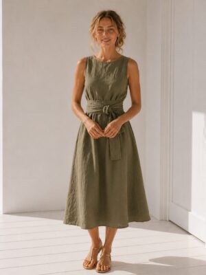 Midi Dress Front and Back wrap around tie, olive green linen