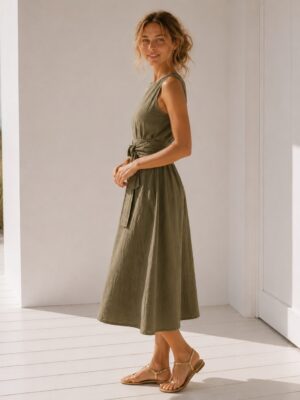 Midi Dress Front and Back wrap around tie, olive green linen all sizes available in tall option and plus size options