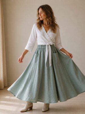 The Linen High Waist Paperbag Maxi Skirt Sage Linen Made in South Africa