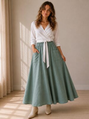 The Linen High Waist Paperbag Maxi Skirt Sage Linen Made in South Africa
