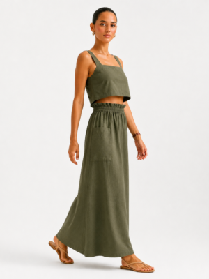 Paperbag Skirt Olive with Pockets Linen made in South Africa